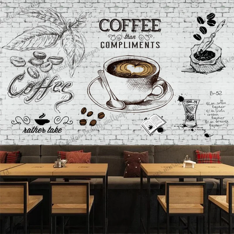 Fehér Falnak, Kézzel festett Kávé Freskó Háttérkép, Délutáni Tea, Étterem, Kávézó, kávézó Háttér tapéta Papírt Tapiz Kép 2