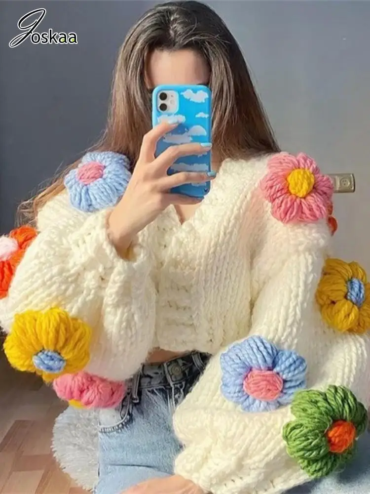 Joskaa Divat 3D Virág Dekoráció Pulóver, Kardigán, Női Csípő Laza Puff Ujjú Megvastagodott Meleg Kabát Téli 2023 Streetwear Kép 0