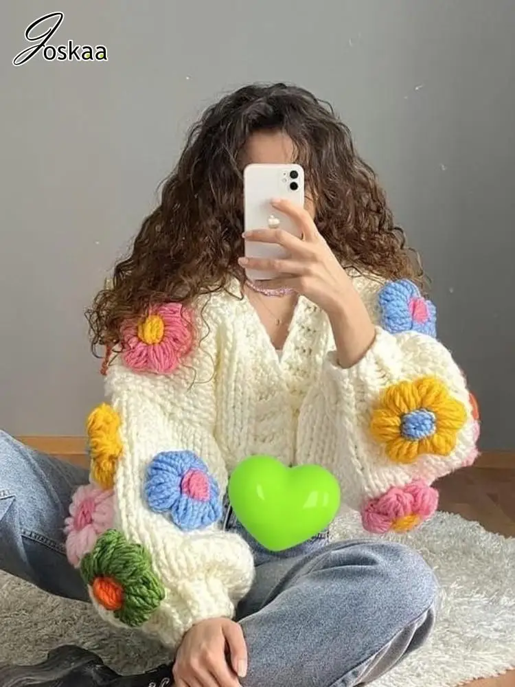 Joskaa Divat 3D Virág Dekoráció Pulóver, Kardigán, Női Csípő Laza Puff Ujjú Megvastagodott Meleg Kabát Téli 2023 Streetwear Kép 2