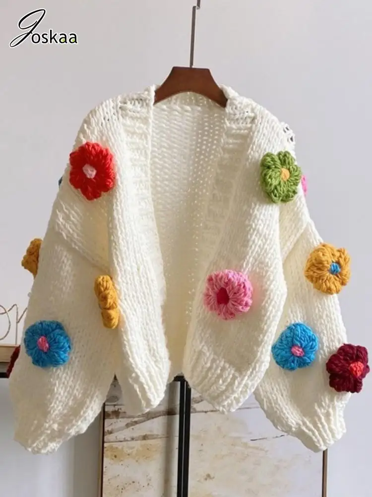 Joskaa Divat 3D Virág Dekoráció Pulóver, Kardigán, Női Csípő Laza Puff Ujjú Megvastagodott Meleg Kabát Téli 2023 Streetwear Kép 3